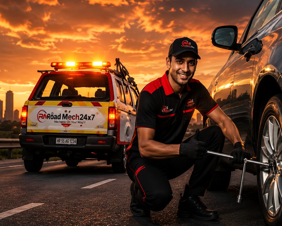 Road Mech mechanic providing roadside tyre assistance